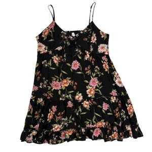 Black Floral Ruffled Hem Tie Accent Dress